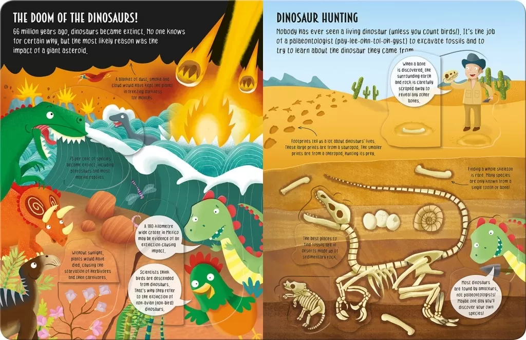 When you lift the flaps, you uncover bite-size information about the meteor that destroyed dinosaur life, as well as the fossils that are still being found today.